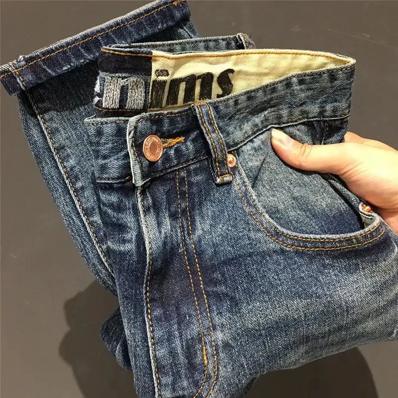 High Level Blue Jeans Men's European Straight Thick Fashion Brand Korean Fashion Men's Pants Street Wear Boyfriend Baggie Jeans
