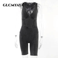 Women Cutout Back Halter Deep V-neck Tank Knee Length Knit Ribbed Jumpsuit Street Playsuit Romper One Piece Set Outfits