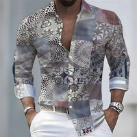 European and American style color-blocked geometric abstract print men's long-sleeved shirt, versatile top for spring and autumn