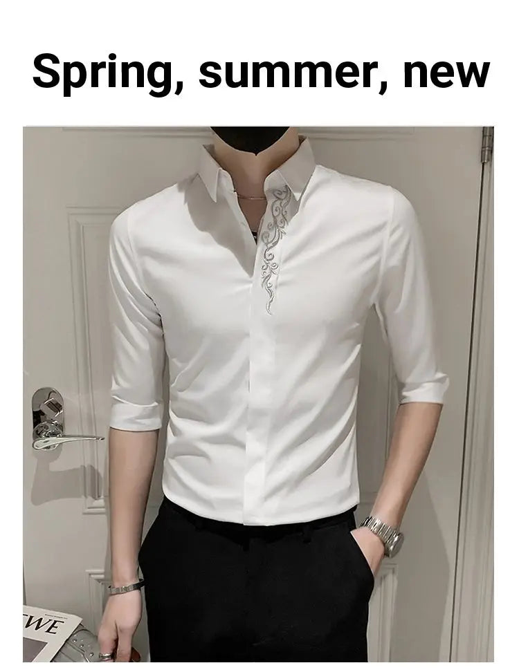 Embroidered Shirt Men's Trendy Brand Summer Short-sleeved Handsome Five-point Mid-sleeved Men's 2025 New Hairstyle Inch Shirt
