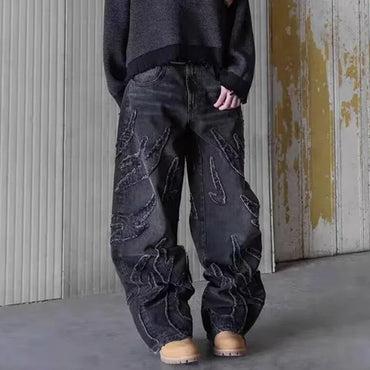 Men Baggy Aesthetic Streetwear Jeans Male Retro Fashion Wide Leg Denim Pants Graphic Embroidered Designer Hip Pop Denim Trousers