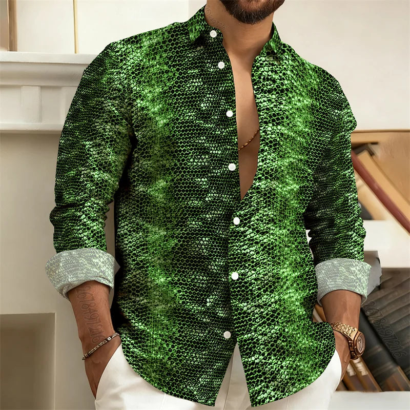 2026 New Men's Shirt: Snake-Print Long-Sleeve Shirt  Stylish Slim-Fit Turn-Down Collar Shirt, Streetwear Trend, Hawaiian Style