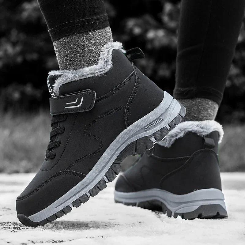 Winter Hiking Boots for Men Waterproof PU Leather Warm Snow Ankle Boots Outdoor Warm plush Non-slip Work High-top Casual Shoes
