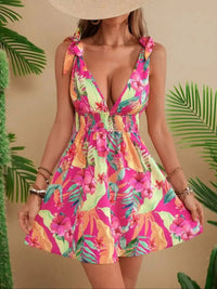 Women's Woven V-Neck Sleeveless Mini Dress Casual Printed Dress for Spring/Summer
