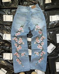 Hip Hop Cherry Blossom Embroidered Jeans Vintage Low Waist Wide Leg Trousers Y2K Clothes Mens Womes Embroidered Baggy Jeans