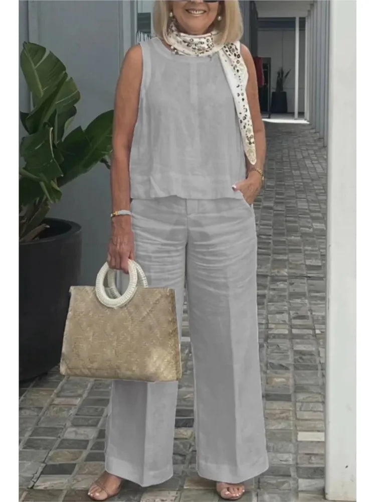 New Summer Women's Suit Sleeveless Top Wide Leg Trousers Two Piece Set Fashion Casual Solid Holiday 2 Piece Set Women Clothes