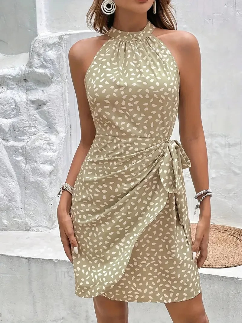 Women's Print Floral Dress Fashion Elegant Sexy Sleeveless Neck-mounted Mini Dresses Lady Summer Casual Beach Party Dress Femmes