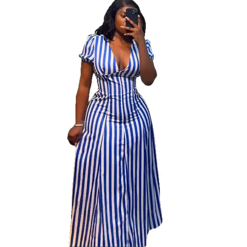 Women Striped Printed V-Neck Dress Short Sleeve Elegant Slim Casual Vacation Streertwear Vintage Long Dress Summer Dresses 2025