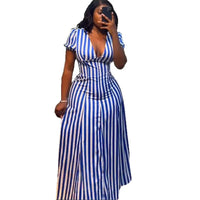 Women Striped Printed V-Neck Dress Short Sleeve Elegant Slim Casual Vacation Streertwear Vintage Long Dress Summer Dresses 2025