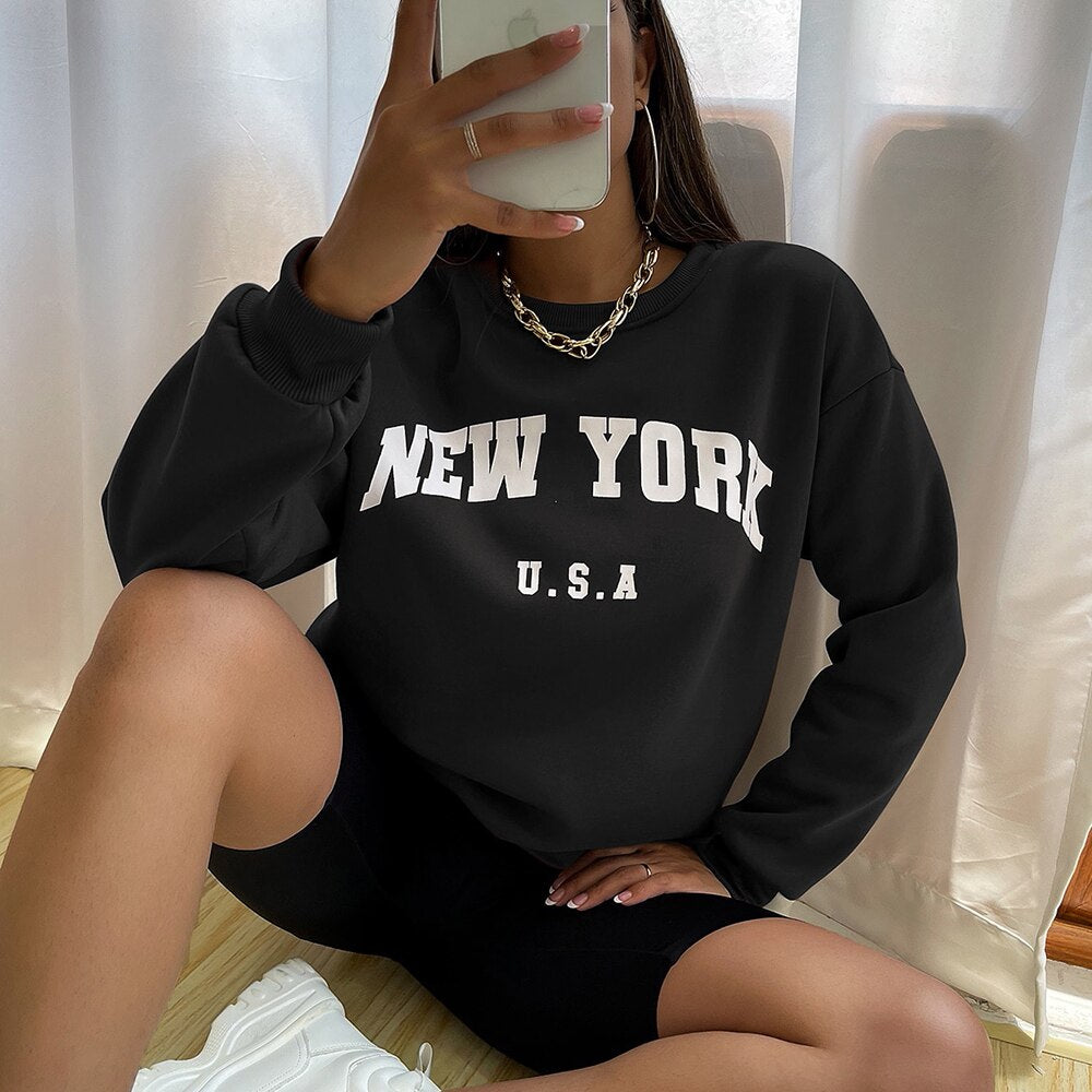 New York USA Letter Prints Womens Sweatshirts Vintage Hip Hop Casual Long Sleeves Street Fashion Clothes All-match Woman Hoodies