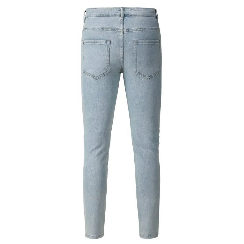 Men Pleated Patch High Stretch Denim Jeans Streetwear Vintage Blue Grey Skinny Tapered Biker Pants Ripped Distressed Trousers