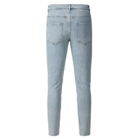 Men Pleated Patch High Stretch Denim Jeans Streetwear Vintage Blue Grey Skinny Tapered Biker Pants Ripped Distressed Trousers