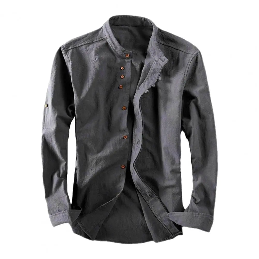 Men's Retro Buckle Long Sleeved Shirt 2025 Spring Autumn Casual Linen Buttoned Shirt Slim Fit Stand Up Collar Shirt Jacket