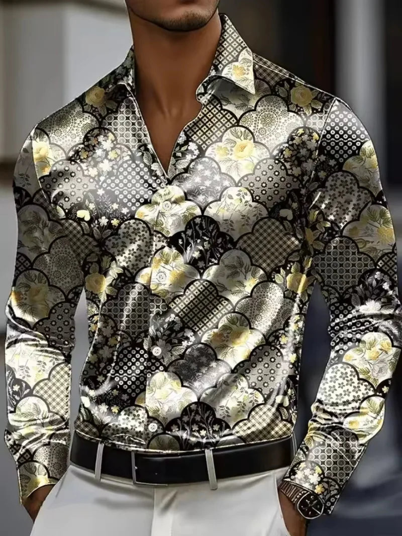 Men's long sleeved shirt, retro patterned 3D printed design, men's lapel button loose and comfortable casual vacation plus size