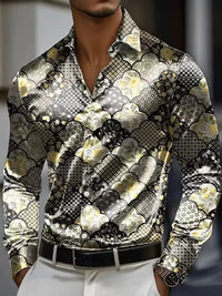 Men's long sleeved shirt, retro patterned 3D printed design, men's lapel button loose and comfortable casual vacation plus size