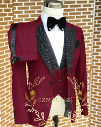 Black Men Suits Luxury Stone Crystal Tuxedos Bespoke Groom Wear 3 Pieces Business Male Prom Blazers Slim Fit Custome Homme