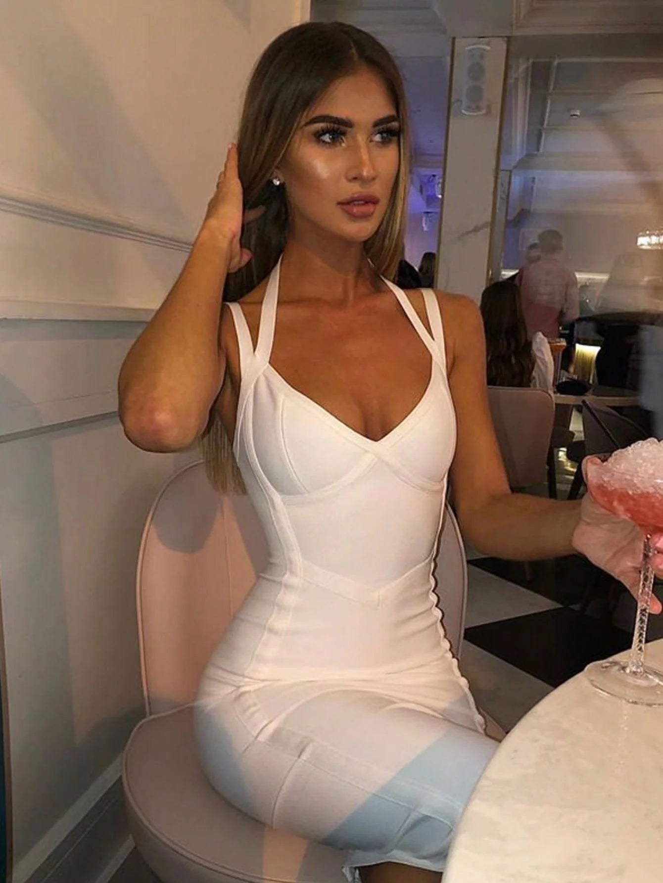Fantasy Spaghetti Strap Halter V Neck Midi Bodycon Dress Summer Bandage Dress White Elegant Cocktail Night Out Party Dress Sexy