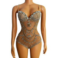 Sparkly Silver Crystals Leotard Sexy Mesh Club Outfit Celebrate Female Singer Dj Rhinestones Bodysuit Dance Costume Stage Wear