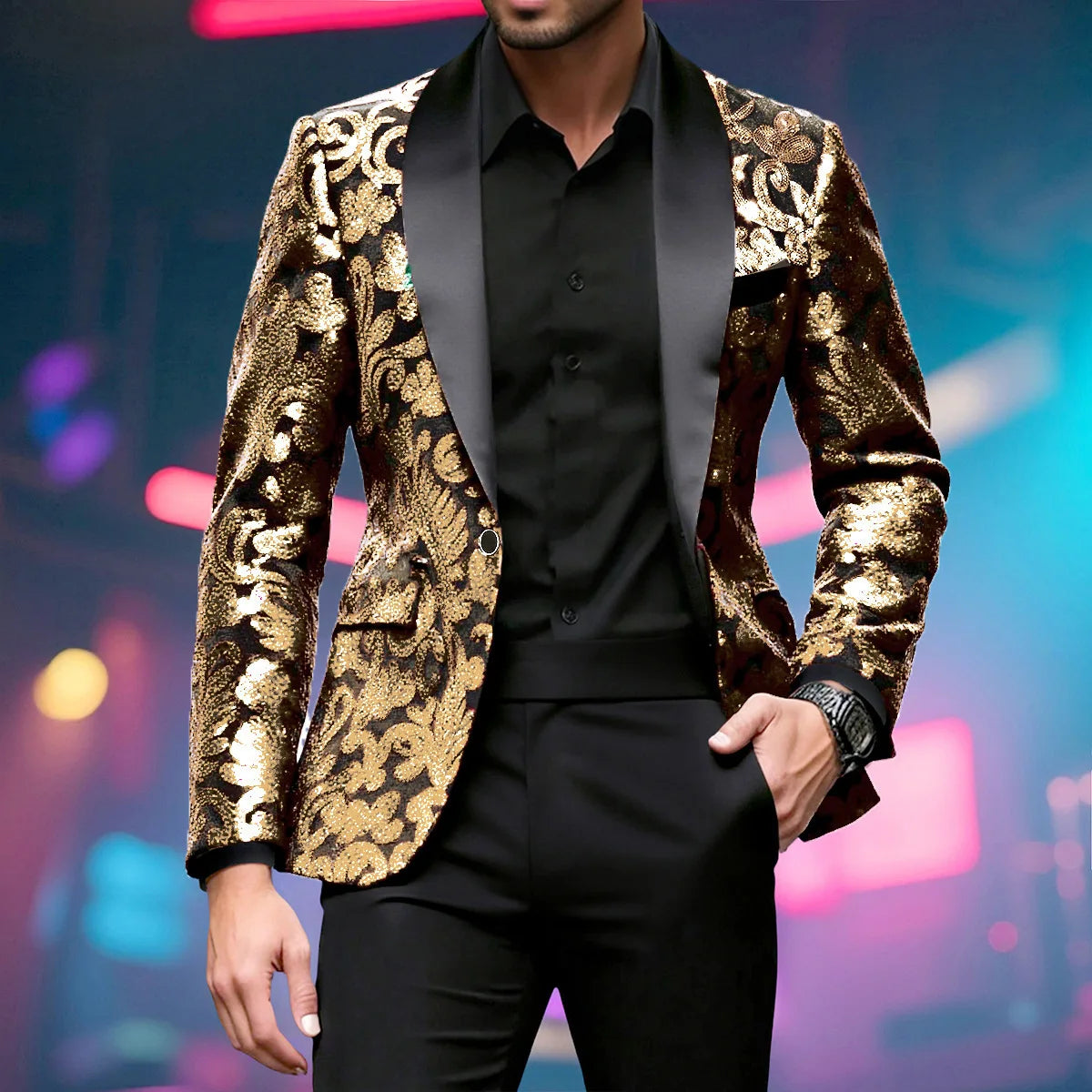 Shiny Sequin Embellished Single Button Stage Performance Outerwear in Blue Gold Green Purple Options for Men's Red Suit Jacket