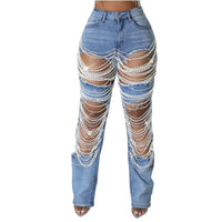 Ripped Jeans for Women Straight Pants Diamonds Chain Stretch Distressed High Waist Floor Length 2025 Streetwear Denim Trousers
