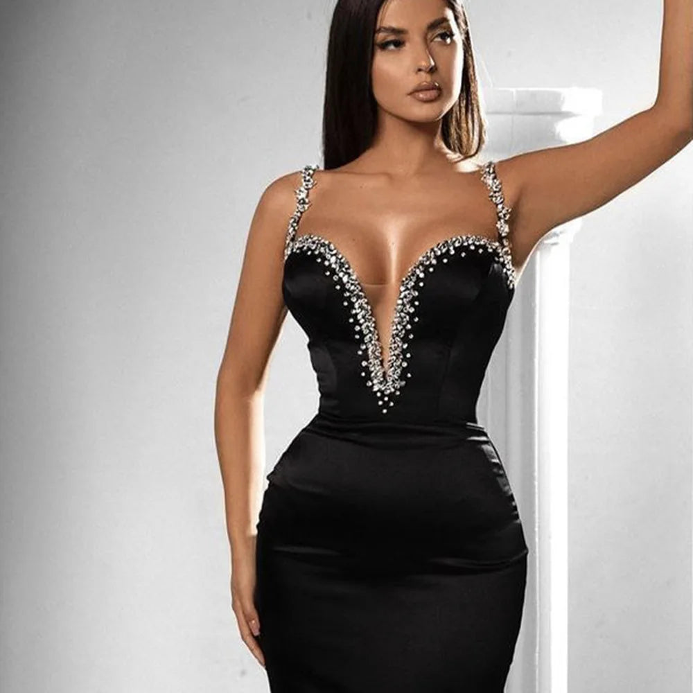 New black suspender sewn diamond elastic slim fitting bandage dress, casual party name, gentle social evening dress