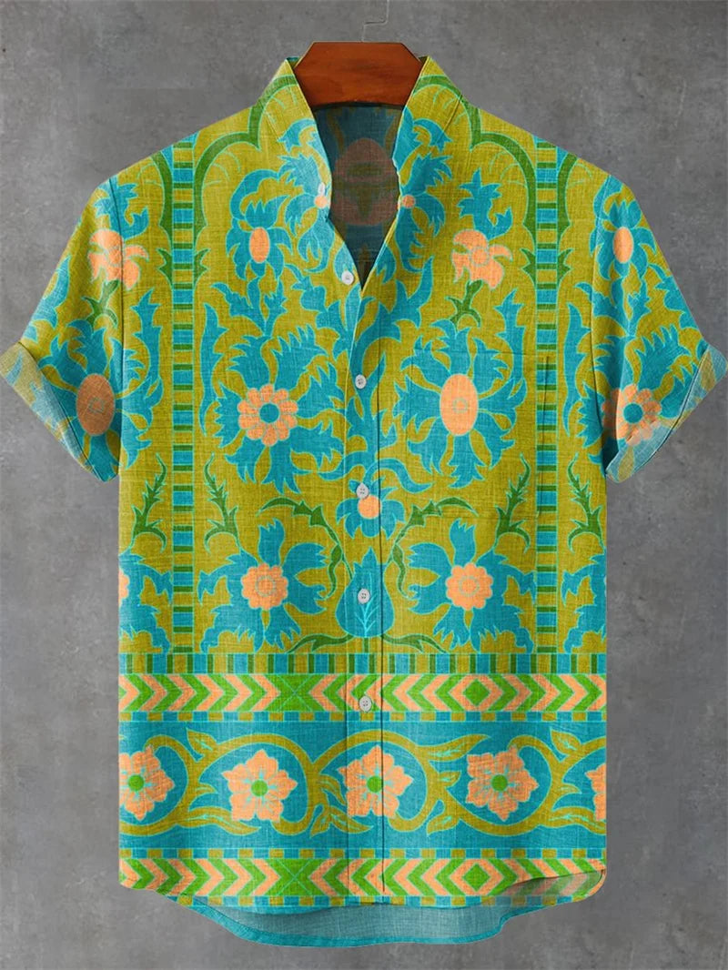 Men's Short Sleeve Shirt High Quality Vintage Ethnic Style Floral Geometric Striped Neckline Art Print Casual Linen Shirt