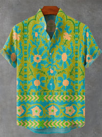 Men's Short Sleeve Shirt High Quality Vintage Ethnic Style Floral Geometric Striped Neckline Art Print Casual Linen Shirt