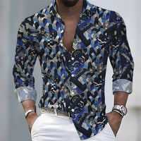 American retro patchwork print men's long-sleeved shirt, casual spring and autumn turn-down collar cardigan, plus size men's top
