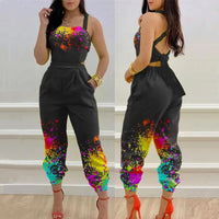 Sexy 2022 Women Chic Casual Jumpsuits One Piece Plants Print Criss Cross Tied Backless