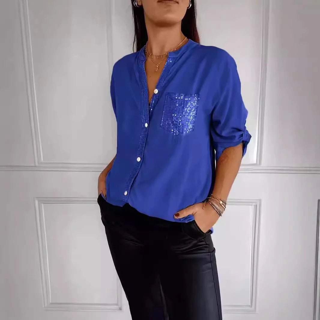 Women Pocket Sequined Blouse Shirts Summer Casual Female Button Lantern Sleeve Bling OL Workwear Blouse Tops 2025
