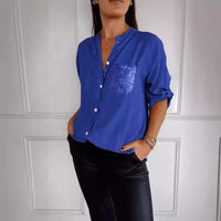 Women Pocket Sequined Blouse Shirts Summer Casual Female Button Lantern Sleeve Bling OL Workwear Blouse Tops 2025