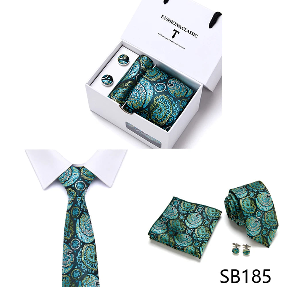 High Quality 7.5 cm Stripe Blue Tie Pocket Square Cufflinks Set For Men Gift Box Wedding Gravatas Fit Workplace