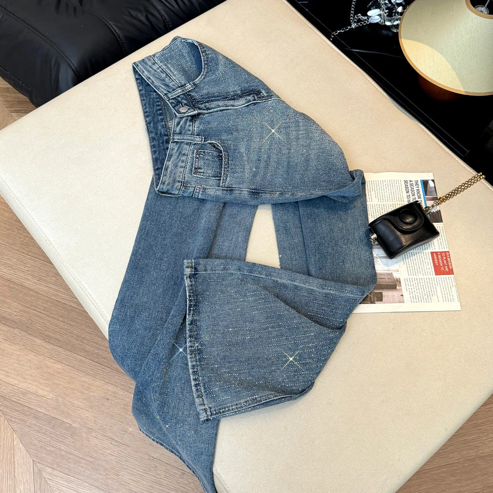 Women's Jeans Spring Retro Washed Diamond-encrusted Design Sense High-waisted Straight-leg Pants Loose Wide-leg Mopping Pants