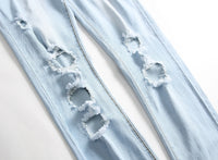 European and American Men's Casual Jeans with Embroidered Roses, Fashionable Ripped, Slim-fit, Stretch, Ankle-length Trousers