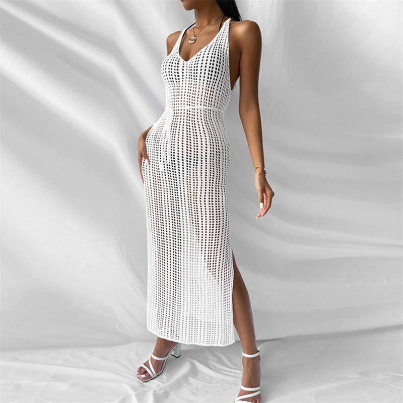 Crochet Tunic Knitted Kaftan Sexy Backless Vestidos Hollow Out Robe Long Beach Dress Slit 2023 Outer Cover Women Cover-ups Swim