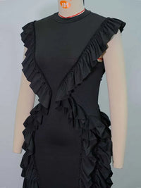 Female Clothing Slim Tank Top Dress Round Neck Casual Elegant Long Black Dress Ruched Knee Length Summer Dress Ladies