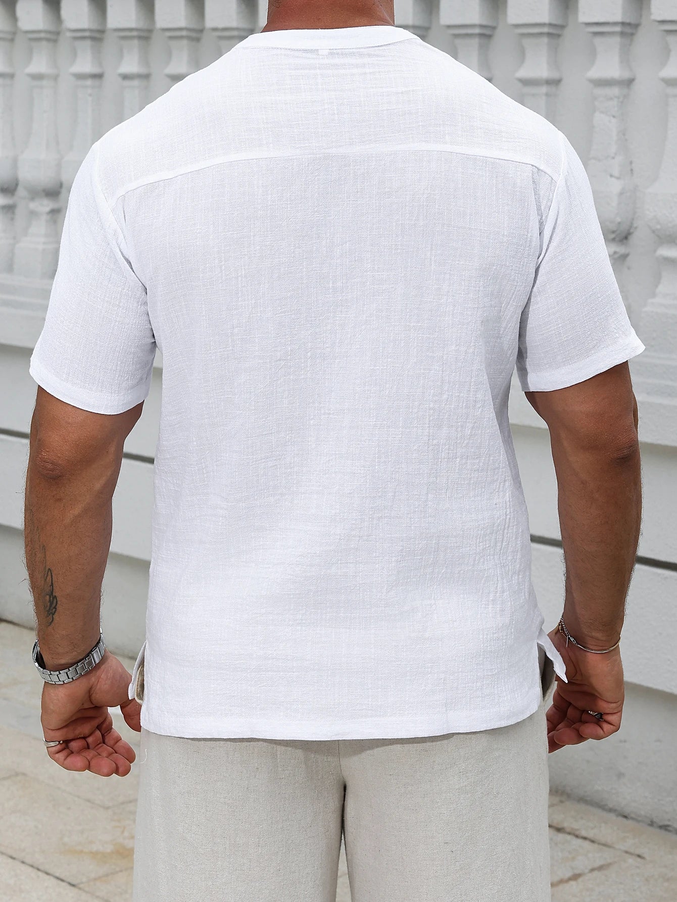 1PCS Mens Linen Short-Sleeved Shirt Top Round-Neck Pullover Casual Solid Color Henry Collar T-Shirt with Buttons Fashion Hippie