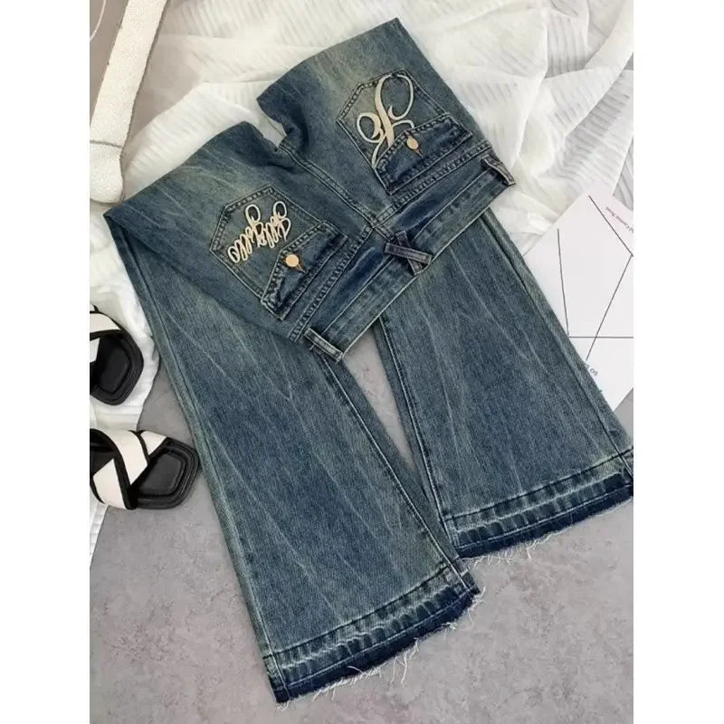 American retro low-waisted jeans female autumn new embroidery old casual fashion temperament slim Joker bell bottoms.