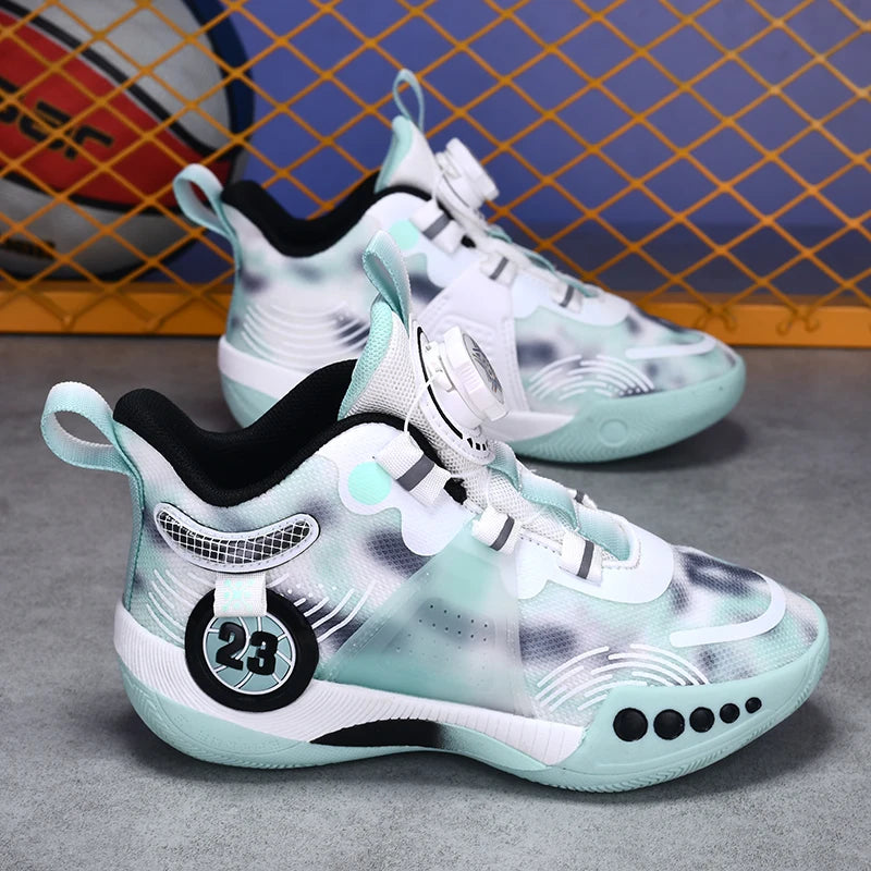 Children Sports Shoes Mesh Rotating Buckle Fashion Sports Shoes Breathable Anti Slip Wear-Resistant Basketball Boots for Kids