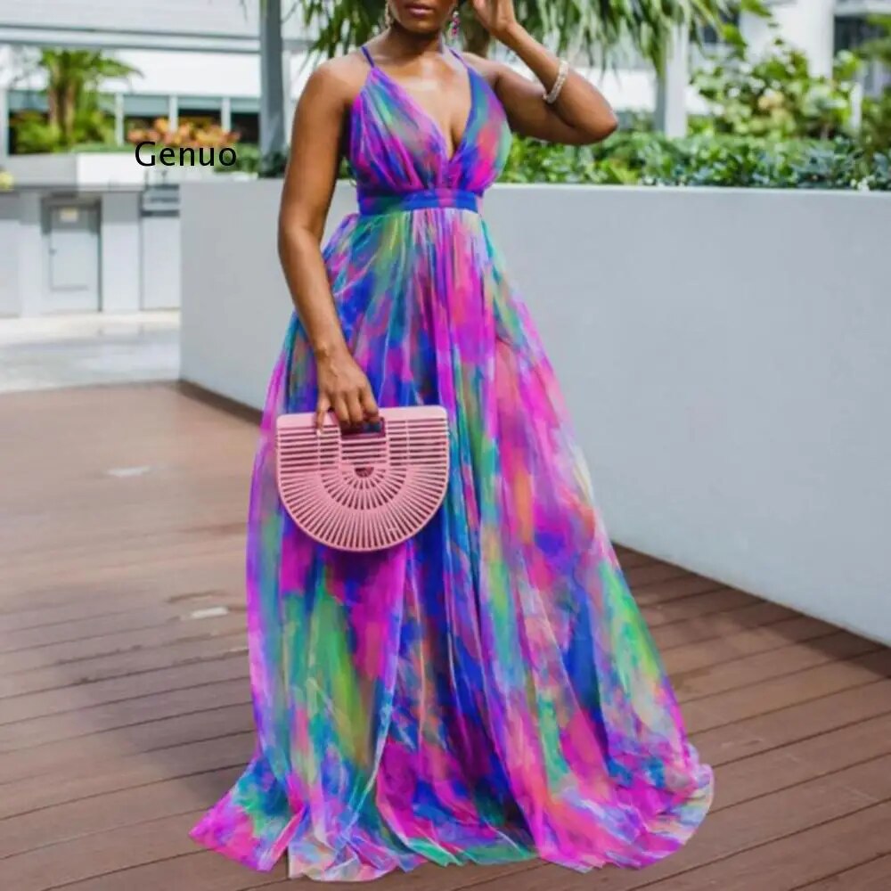 Color Block V-Neck Women Maxi Dress To Floor Long Beach Robe African Party Holiday Summer Dresses Sexy Backless