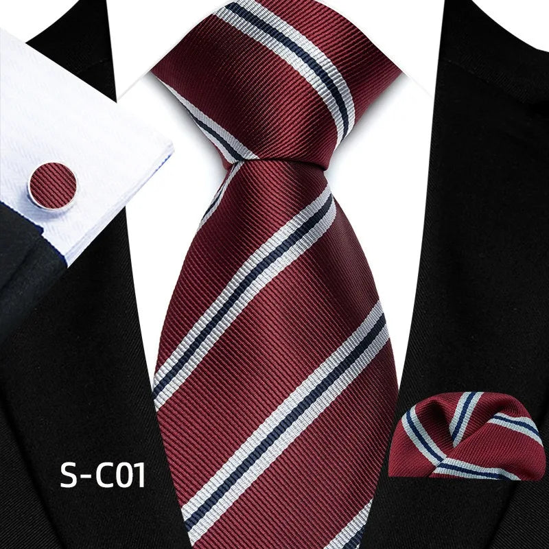 Business Mens Tie Luxury Striped 8cm NeckTie Pocket Square Cufflinks Set For Men Formal Fashion Wedding High Quality Gravata