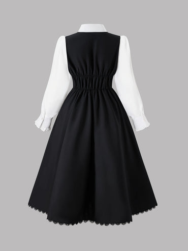 European and American fashion, sunny, large-sized solid color contrast 2-in-1 long-sleeved dress, floor-length dress
