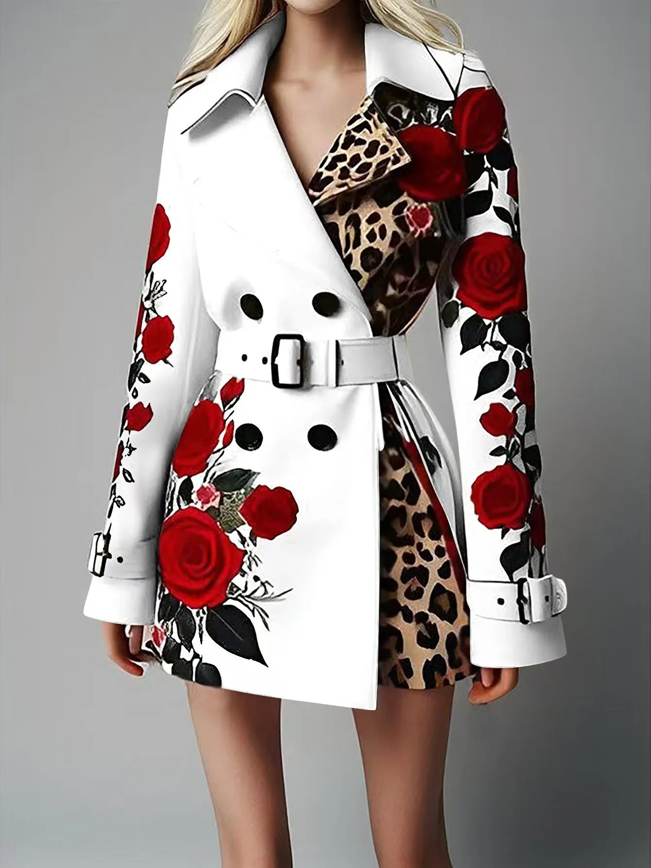 Women New Long Sleeve Floral Flower Printed Office Coat Double Button Belt Lapel Collar High Waist Jacket