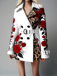 Women New Long Sleeve Floral Flower Printed Office Coat Double Button Belt Lapel Collar High Waist Jacket