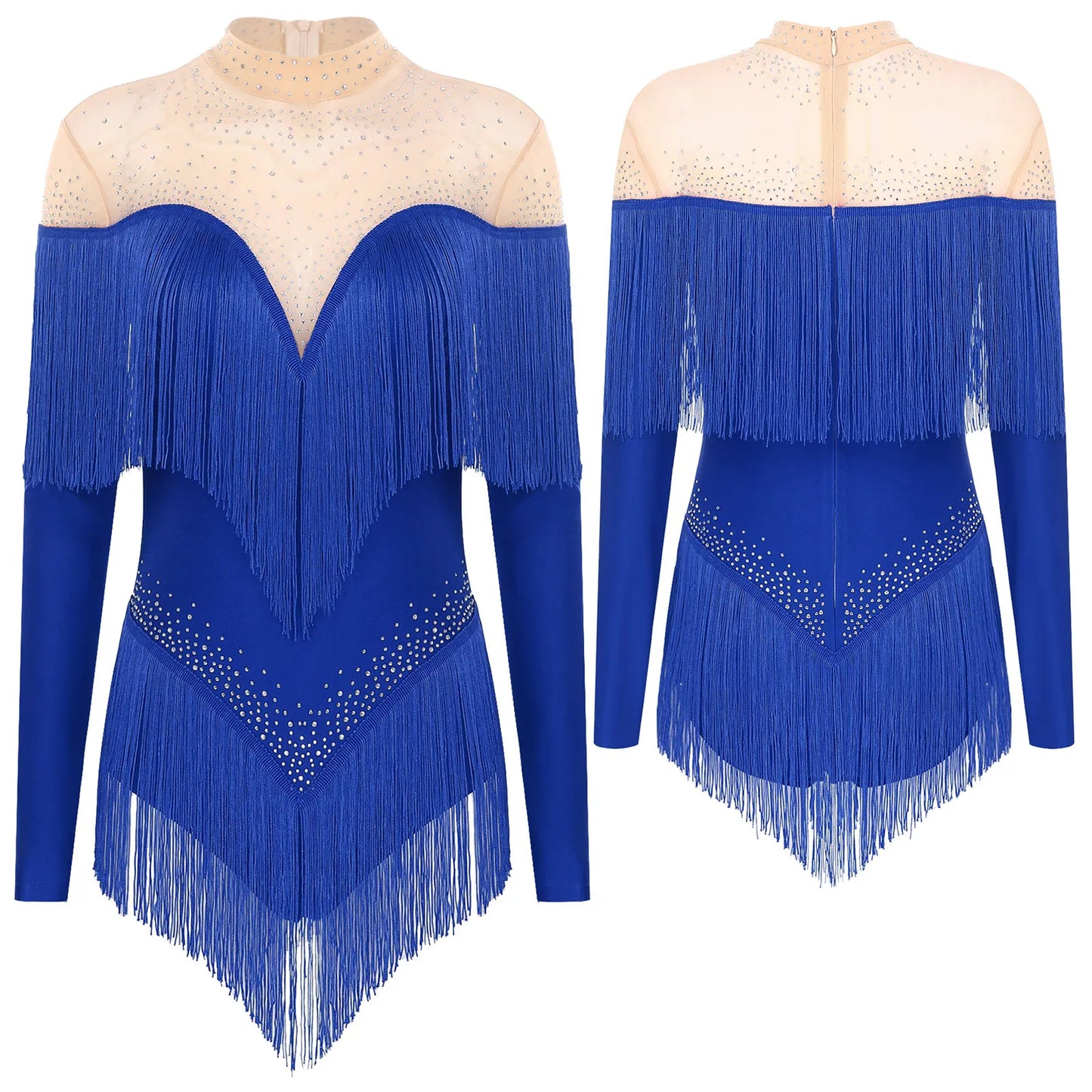 Rhinestone Tassel Leotard Dress for Women's Latin Jazz Dance Performance Clothes Ballroom Fringed Jazz Samba Tango Dresses