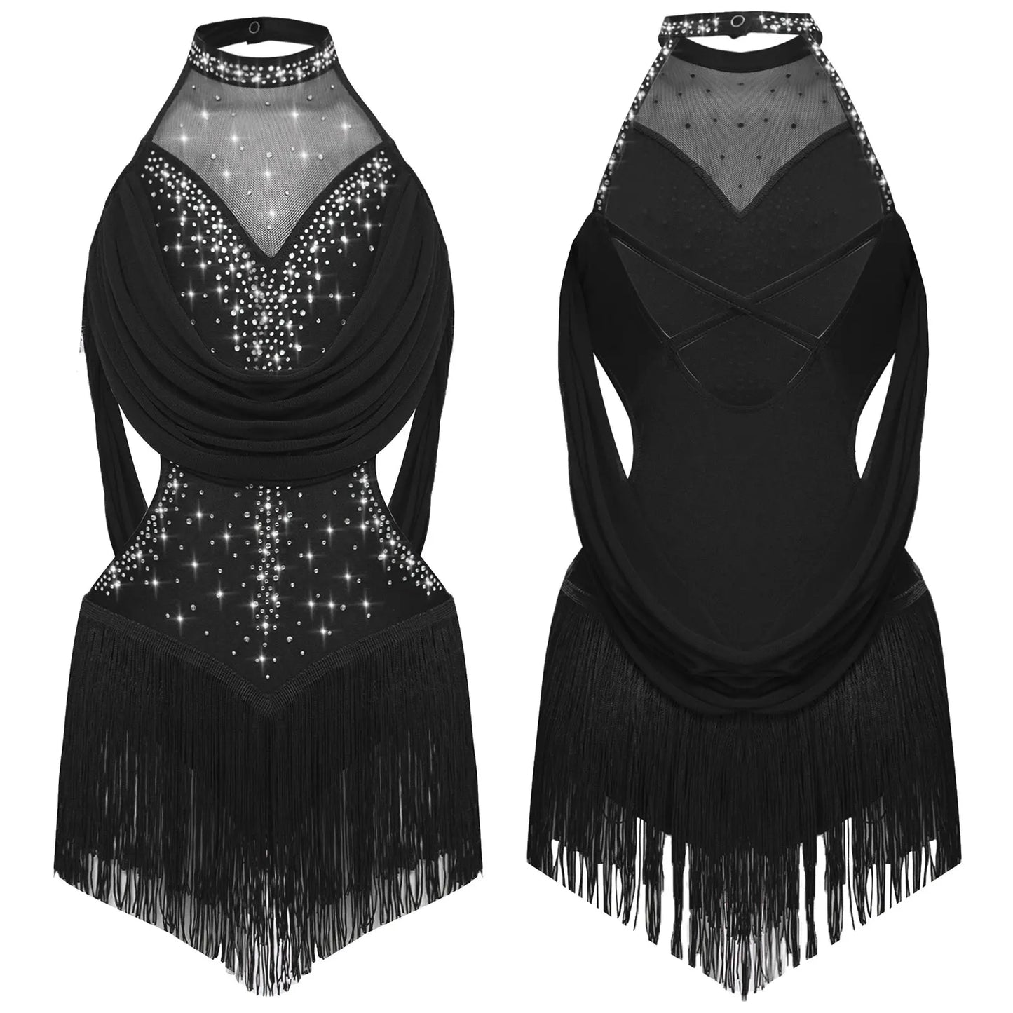 Girls Latin Jazz Rumba Samba Dance Costume Salsa Set Ruched Mesh Drapes Cutout Leotard with Tassel Skirts and 1 Pair Mesh Gloves