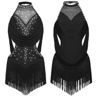 Girls Latin Jazz Rumba Samba Dance Costume Salsa Set Ruched Mesh Drapes Cutout Leotard with Tassel Skirts and 1 Pair Mesh Gloves