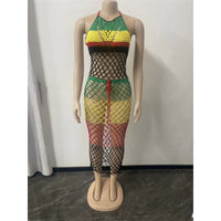 Rainbow Color Hand Knitted Bikini Cover Ups Women Sexy Hollow Out Fishnet Lace Up Halter Backless Holiday Summer Beach Dress