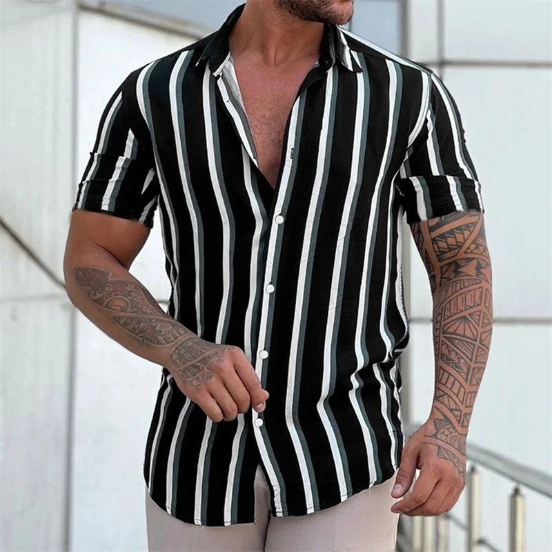 New Men's Shirts Fashion Stripes Print Short-sleeved Tees Summer Tops Men Turn-down Collar Button Casual T-shirt Clothing
