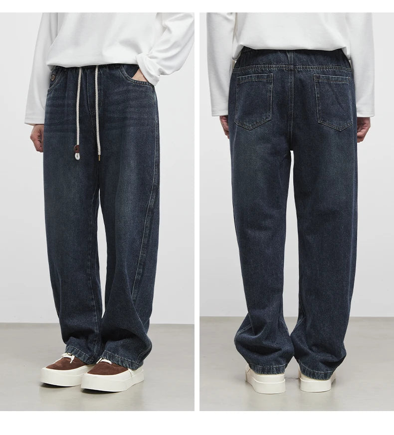 Fashion Men's Straight Jeans 2025 Autumn New Elastic Waist Retro Distressed Washed Jeans Men's Straight Casual Pants